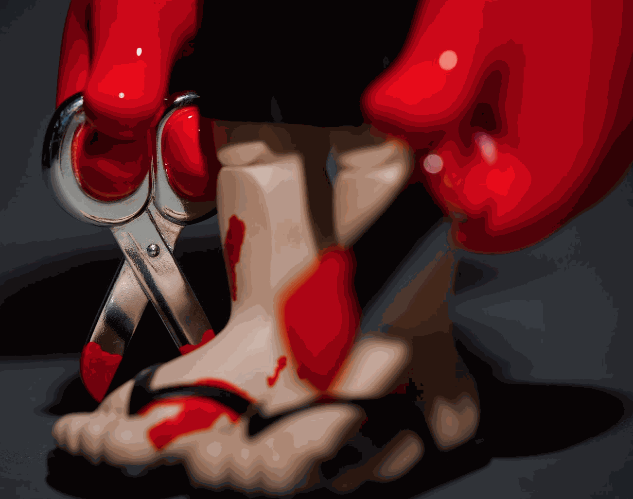 Close-up of a toy figure's feet in sandals with red paint splatter, red boxing glove hands holding scissors, dark background
